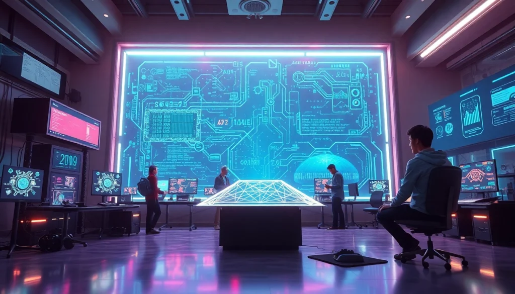 Innovative game AI development scene with advanced technology and creative collaboration.