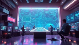 Innovative game AI development scene with advanced technology and creative collaboration.