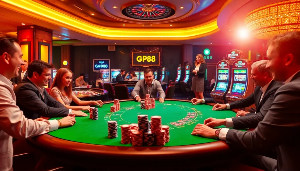 Engaged players enjoying poker at PG88 casino table with vibrant chips and roulette
