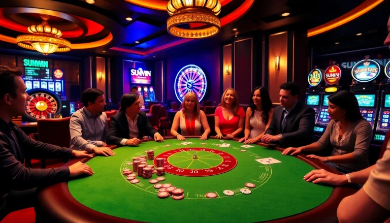 SUNWIN poker game in an upscale casino, featuring vibrant colors and excited players.