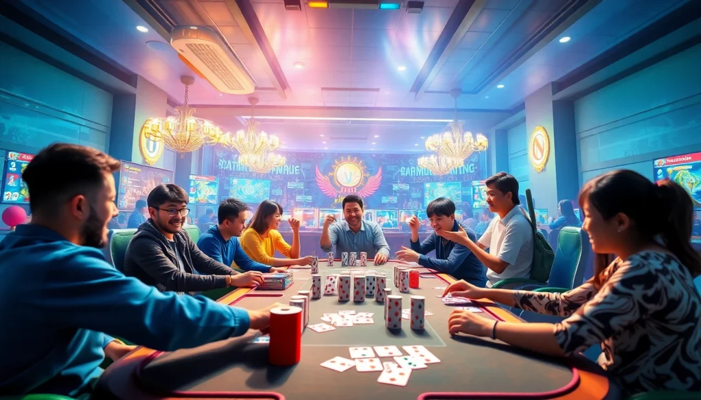 Exciting virtual gaming scene highlighting card games at gamebaidoithuong.com.vc, featuring diverse players and vibrant graphics.