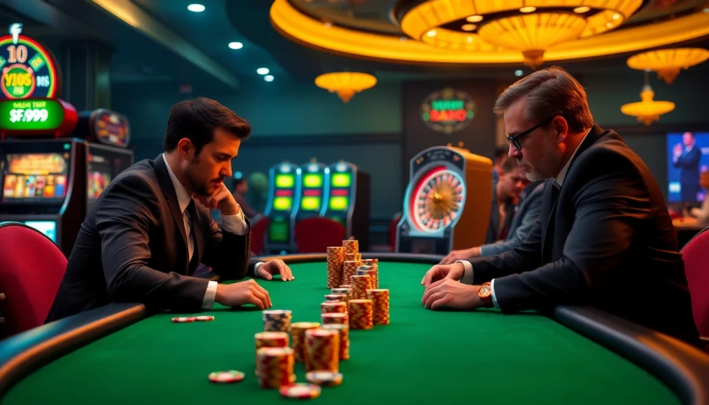 Engaged players at a luxurious poker table representing the vibrant world of website DF999, showcasing high-stakes gambling.