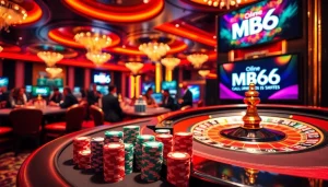Experience the excitement of MB66 casino as players strategize over poker chips and a roulette wheel.
