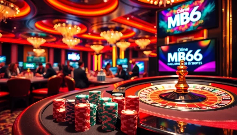 Experience the excitement of MB66 casino as players strategize over poker chips and a roulette wheel.