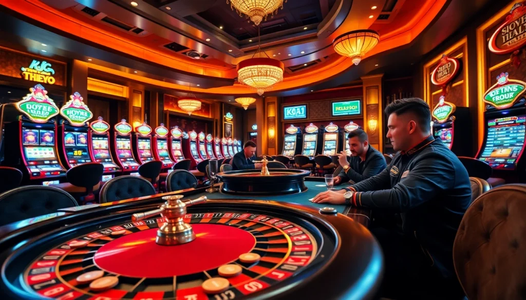 KJC players immersed in a thrilling casino poker game surrounded by luxurious aesthetics and vibrant slot machines.