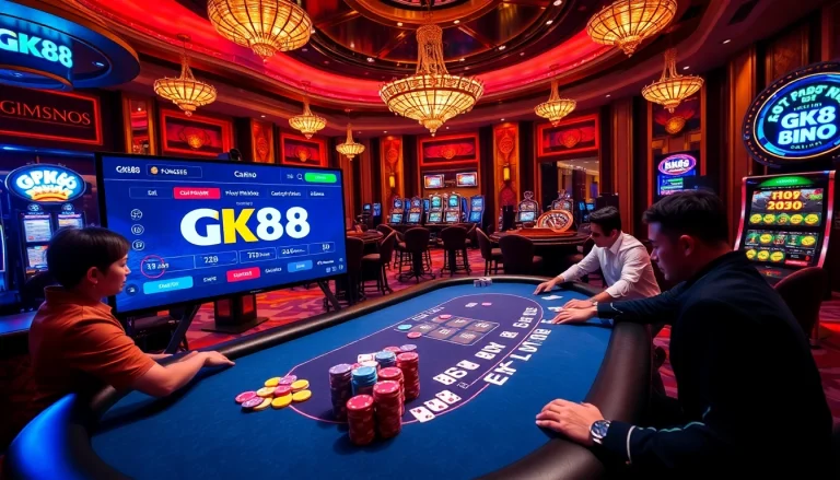 Players enjoy high-stakes action at GK88's vibrant casino table. Excitement fills the air.