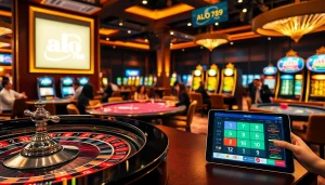 A thrilling poker game at ALO 789 casino showcasing high stakes and luxurious ambience.