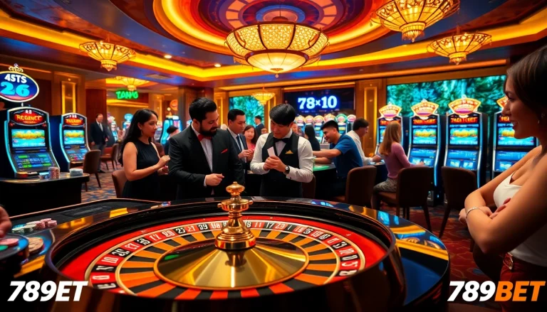 Players at a sophisticated table game celebrating wins on https://789bet.ac/ with poker chips and roulette.