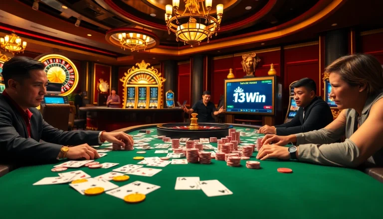 Exciting poker gameplay at a stylish 13Win casino table with vibrant chips and cards.