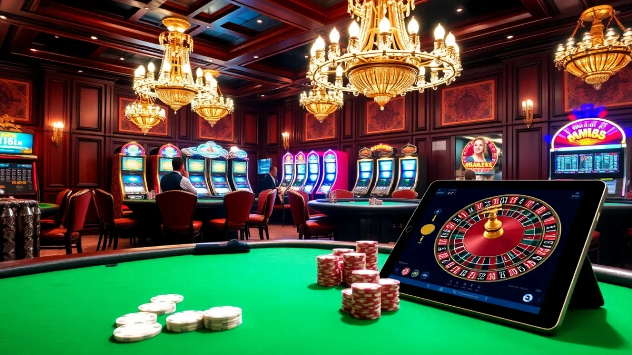 A lively casino scene showcasing poker tables and slot machines at https://1mm888.com/ depicting luxury and excitement in gaming.