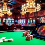 A lively casino scene showcasing poker tables and slot machines at https://1mm888.com/ depicting luxury and excitement in gaming.