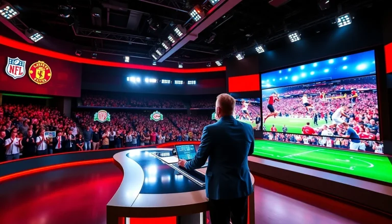 Engaging sports broadcasting studio with a dynamic presenter and live sports events.