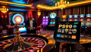 Experience the thrill of casino gaming with link PS99 featured prominently amid vibrant slot machines and poker tables.
