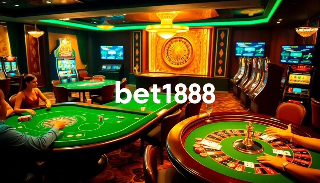 Bet168 players enjoying a thrilling casino atmosphere with poker chips and roulette wheels.