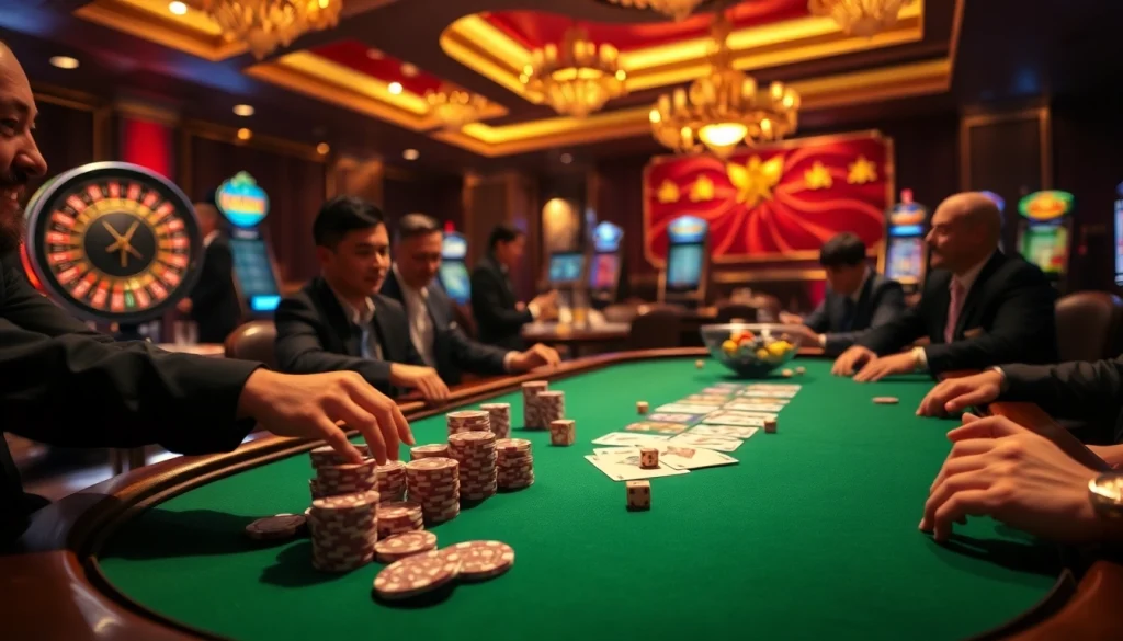 Players enjoying a vibrant poker game at https://xx88.eu.com/ casino with chips and cards.