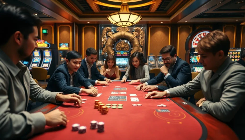 Bài Win79 players engaging in an exciting casino poker game at a luxurious gaming table.