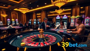 Exciting casino scene at 39bet.com with players at roulette and vibrant slot machines.