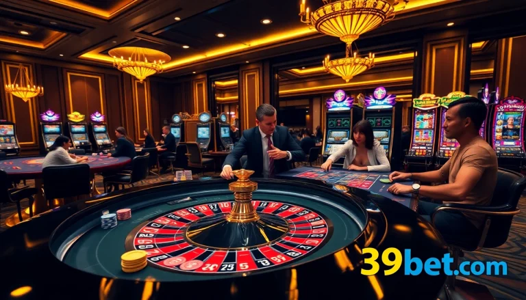 Exciting casino scene at 39bet.com with players at roulette and vibrant slot machines.