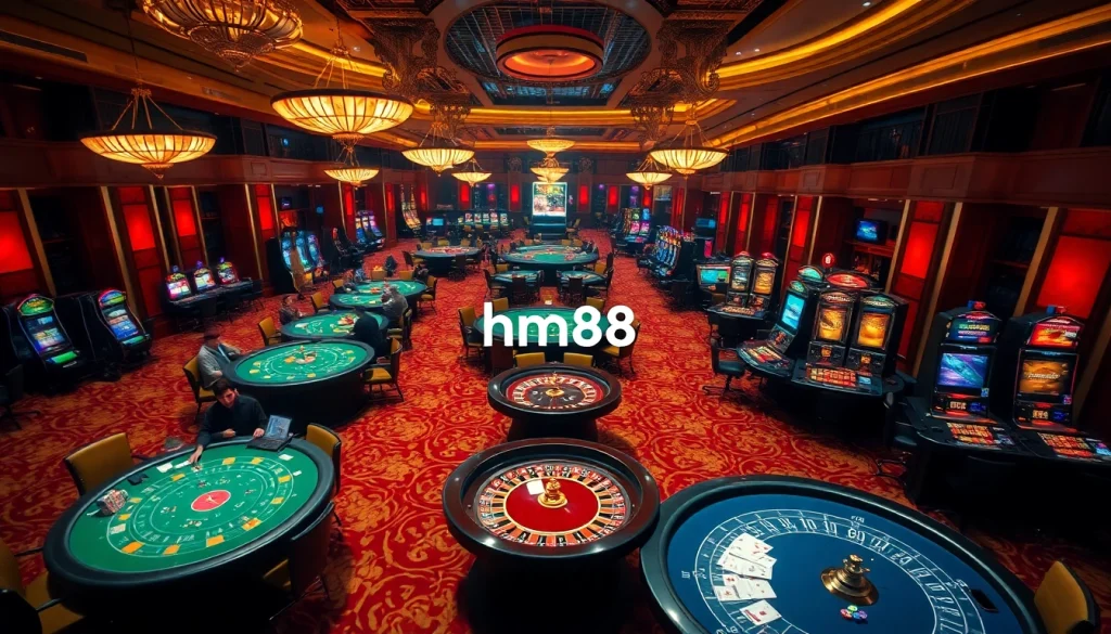 Players enjoying the thrill of the casino experience, featuring hm88-inspired gaming tables and vibrant slot machines.