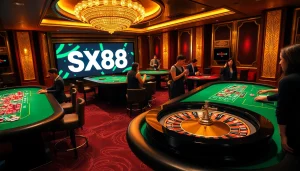 SX88 players enthusiastically engage at a vibrant casino table, showcasing poker chips and roulette wheels.