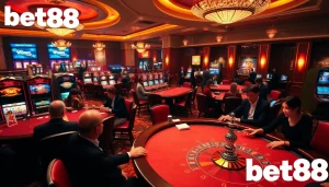 Players enjoying poker at Bet88's luxurious casino, highlighting betting strategies and vibrant gaming.