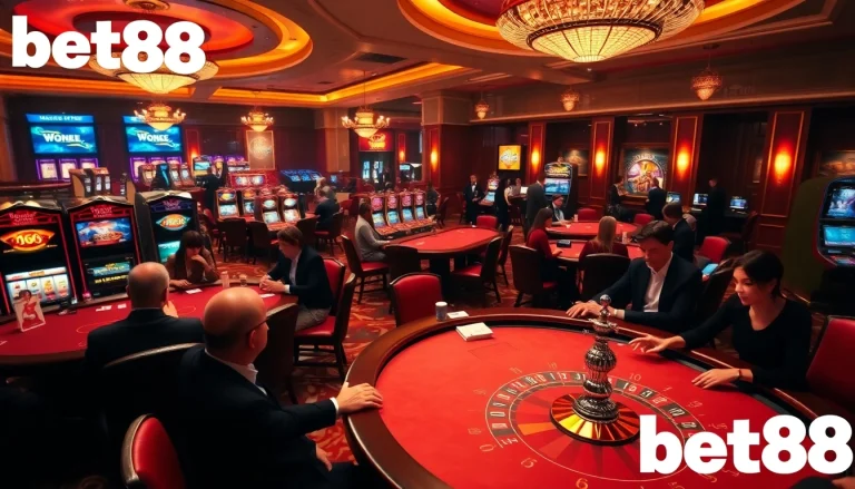 Players enjoying poker at Bet88's luxurious casino, highlighting betting strategies and vibrant gaming.