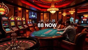 Exciting casino gaming scene featuring 888NOW with slot machines, poker chips, and roulette wheel.