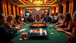 Excited players at a luxurious 88vv casino table, engaging with poker chips and cards.