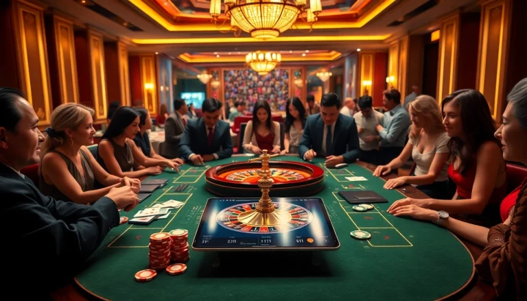 Excited players at a luxurious 88vv casino table, engaging with poker chips and cards.