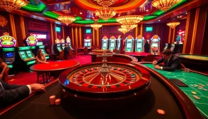 K8BET vibrant casino scene featuring poker tables, roulette wheel, and energetic players.