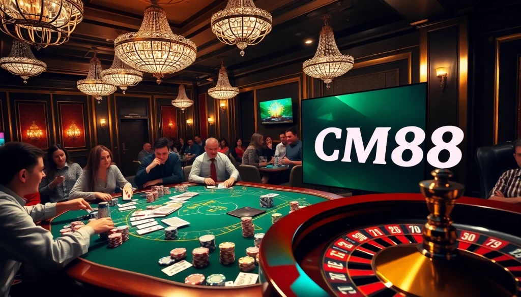 Engaged players at a poker table with CM88-themed elements, exuding the thrill of casino gaming.