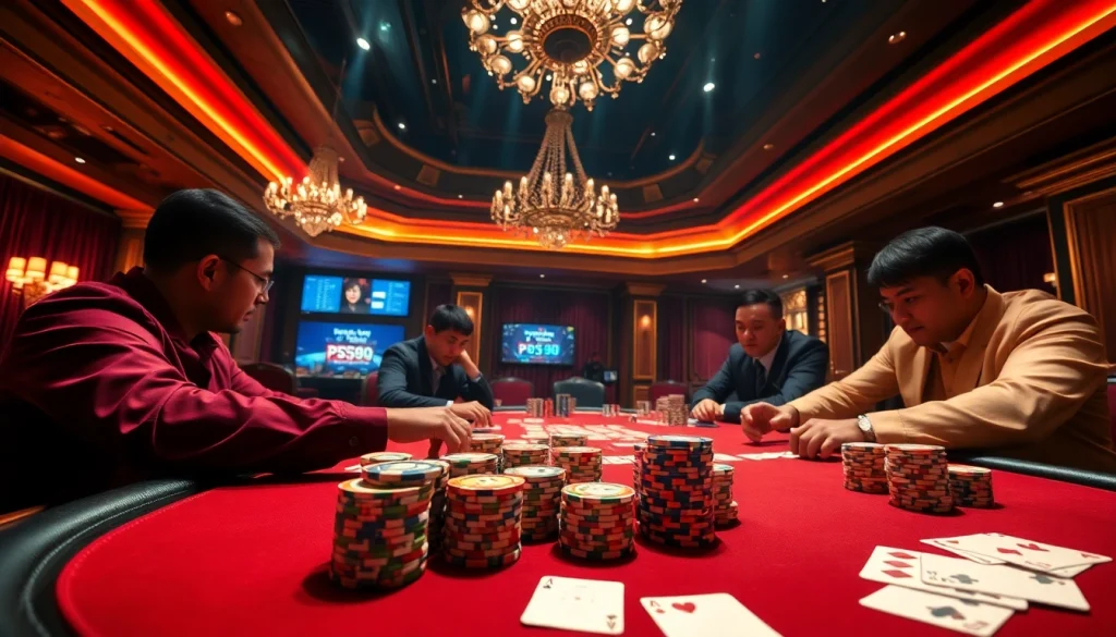 High-stakes poker action at a luxurious casino; trang chủ PS99 interface adds digital thrill.