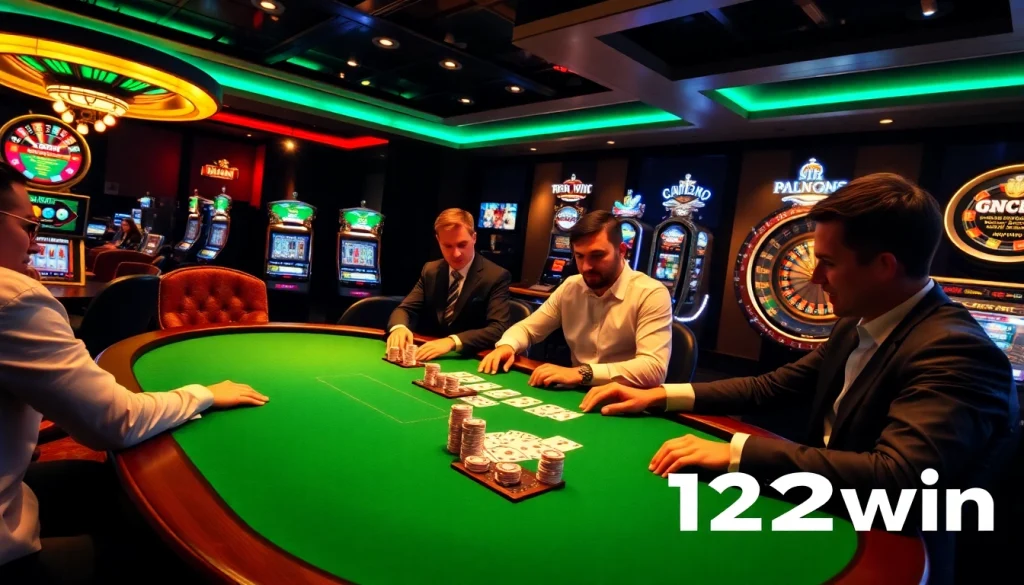 Players engaged in a high-stakes poker game at a luxurious casino, featuring the vibrant 123win theme