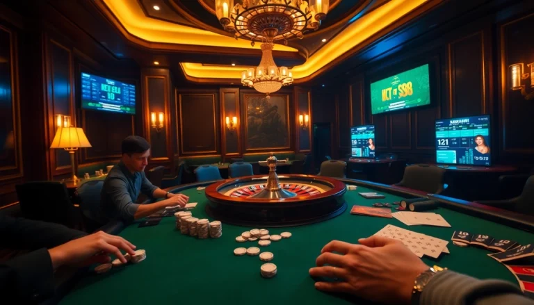 Exciting casino atmosphere showcasing poker at lc88 with chips, cards, and roulette.