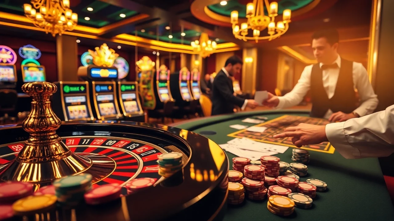 Engaging gamblers at a vibrant rikvip casino scene with roulette and poker tables.