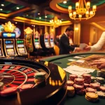 Engaging gamblers at a vibrant rikvip casino scene with roulette and poker tables.
