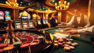 Engaging gamblers at a vibrant rikvip casino scene with roulette and poker tables.