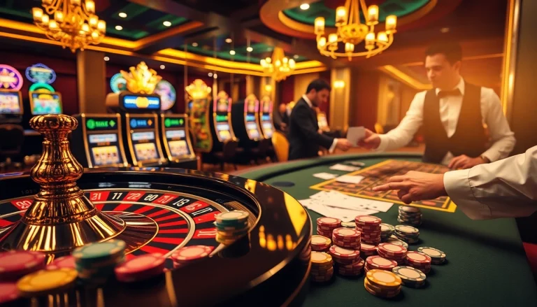 Engaging gamblers at a vibrant rikvip casino scene with roulette and poker tables.