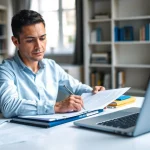 Filling out the eta uk application form at a bright desk with focused determination.