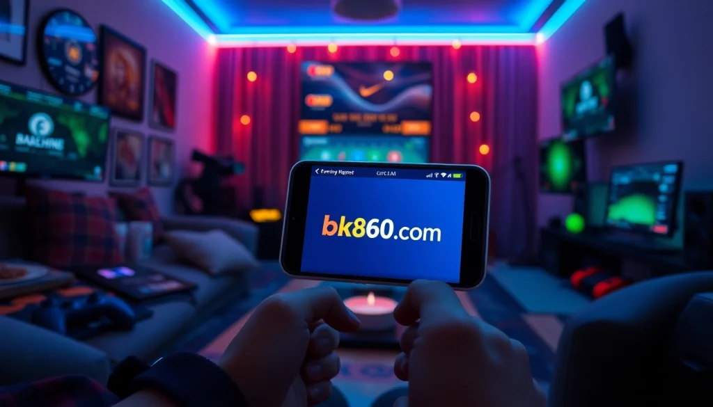 Engaging scene representing online gaming and betting experience at bk860s.com with a modern smartphone interface.