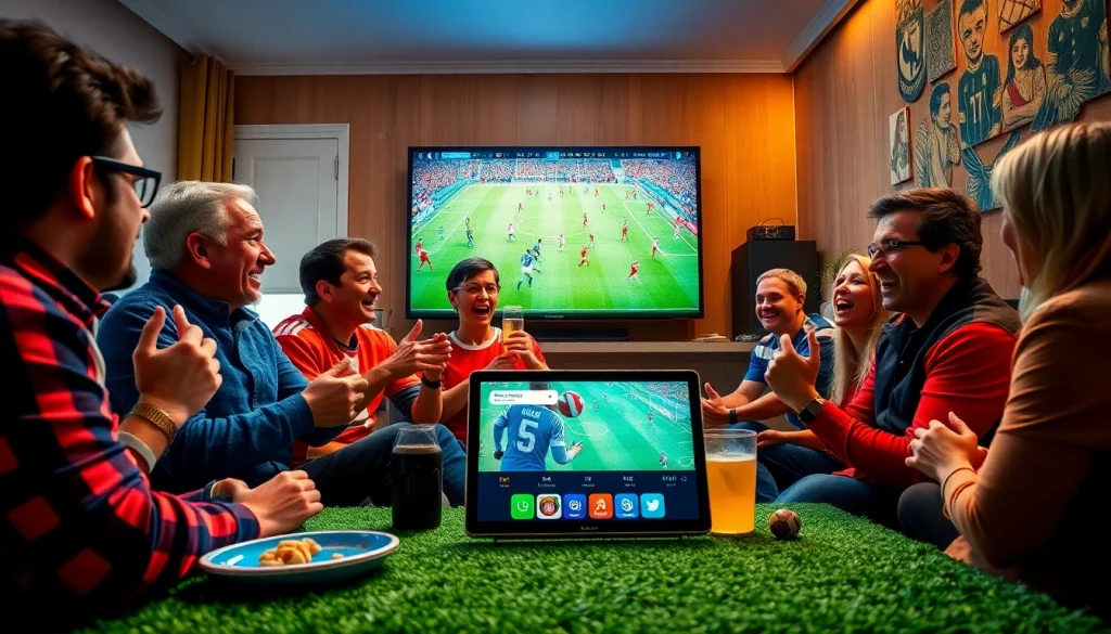 Excited fans enjoying a live football match on Vaoluoitv in a cozy living room.