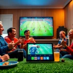Excited fans enjoying a live football match on Vaoluoitv in a cozy living room.