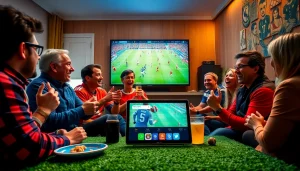 Excited fans enjoying a live football match on Vaoluoitv in a cozy living room.