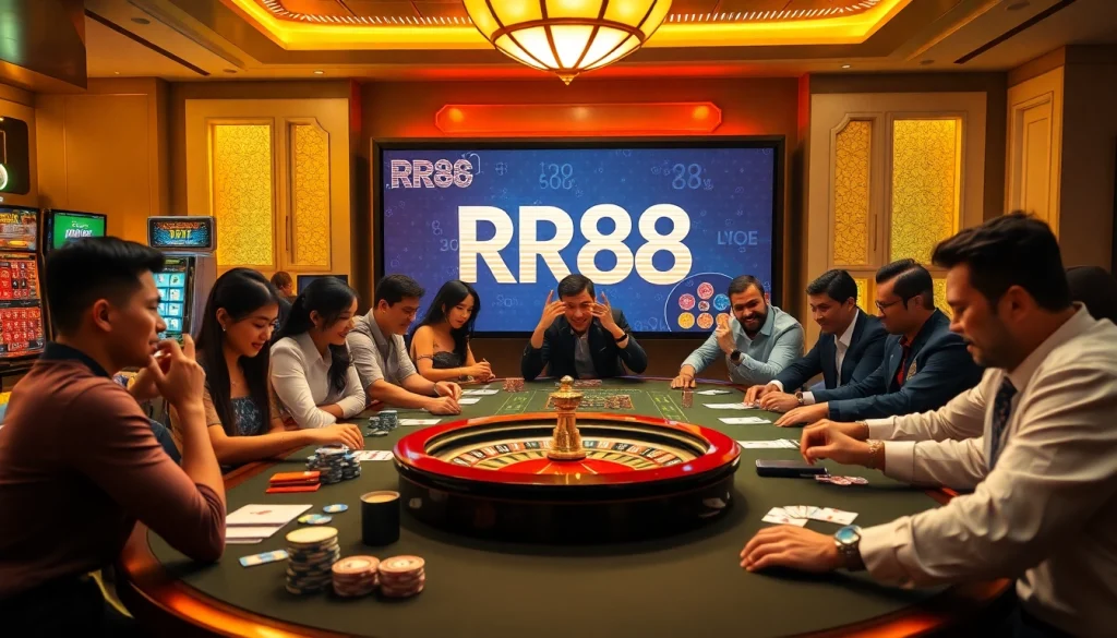 Players enjoying a thrilling casino experience at RR88 with vibrant tables and colors.