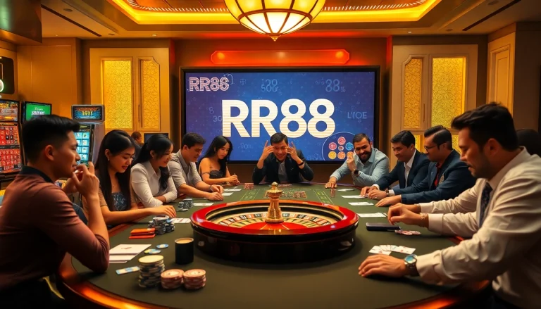 Players enjoying a thrilling casino experience at RR88 with vibrant tables and colors.