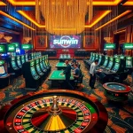 sunwin casino scene featuring players at roulette and poker tables in an exciting atmosphere