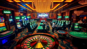 sunwin casino scene featuring players at roulette and poker tables in an exciting atmosphere