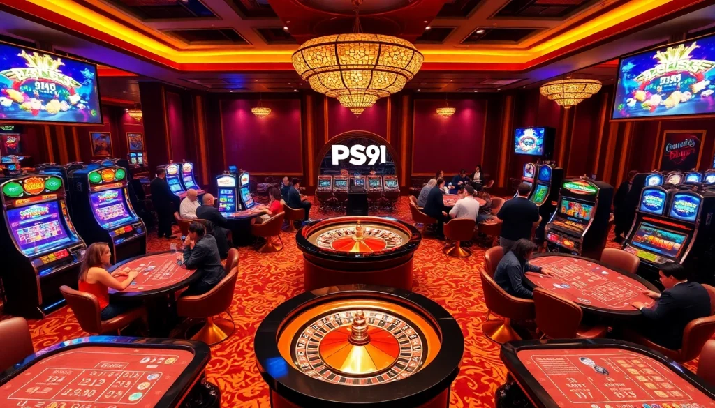 Experience the excitement of gambling at PS99 with lively casino tables and slot machines.