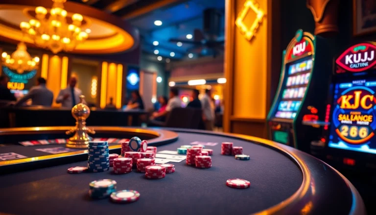 KJC poker table with vibrant chips and cards amidst an exciting casino atmosphere.