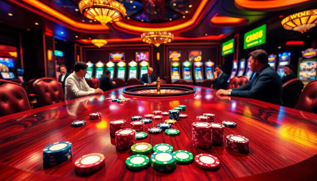 Immerse in the thrilling world of CM88 at a luxurious casino, featuring a poker room and vibrant slot machines.